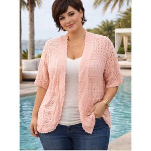 Faded Glory Pink Open Knit Crochet Short Resort Wear Boho Cardigan Plus Size 3X